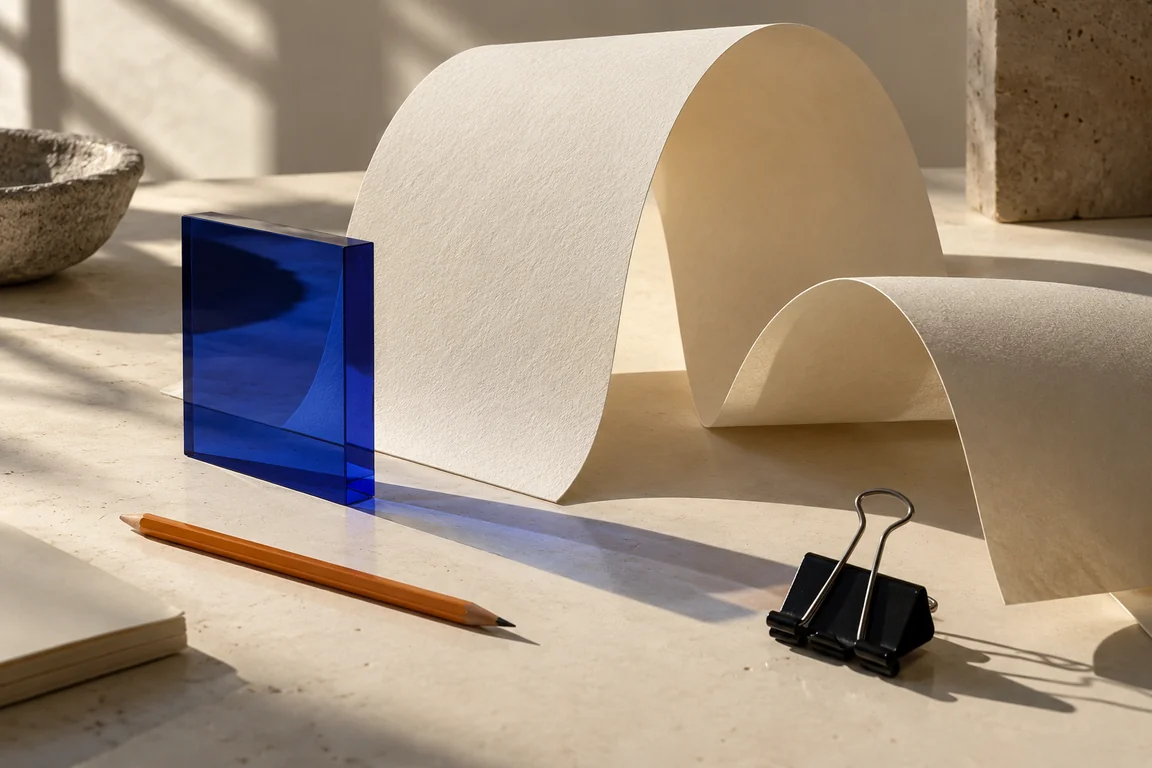 Sculptural ivory paper and a cobalt glass block in afternoon light